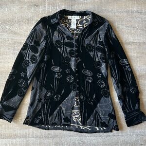Artsy Witchy Women 4 Black Floral Velvet Long Sleeve Silk lined Blouse Top sheer